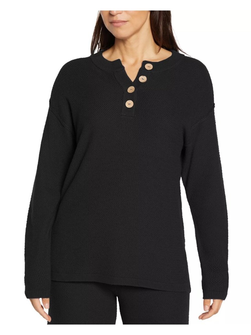 Three Dots Womens Long Sleeve Parma Henley Top Button Front Black XS NWT